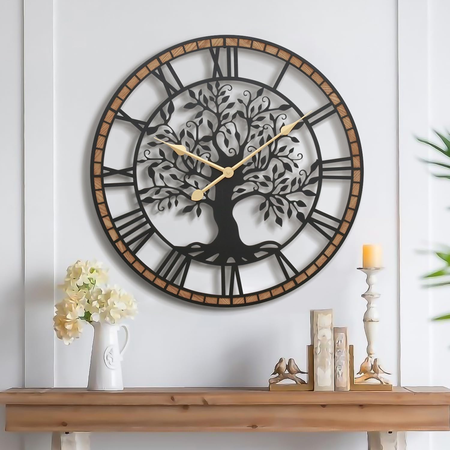 Micasso Non-Ticking Large Wall Clock: 24Inch Tree of Life Metal Black with Solid Wood Frame - Silent Battery Operated Clock for Living Room/Office/Bedroom/Kitchen - Home Decor for Fashion-Conscious