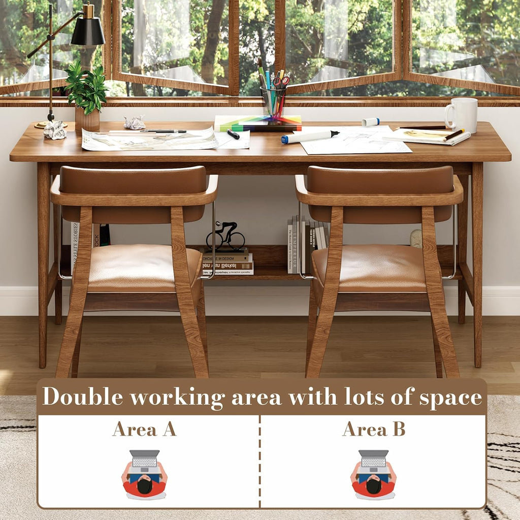 NOWIHOP 63" Solid Wood Office Desk, Mid-Century Modern Computer Desk with Storage Shelf, Large 2-Person Writing Study Table Workstation for Home Office, Walnut Finish