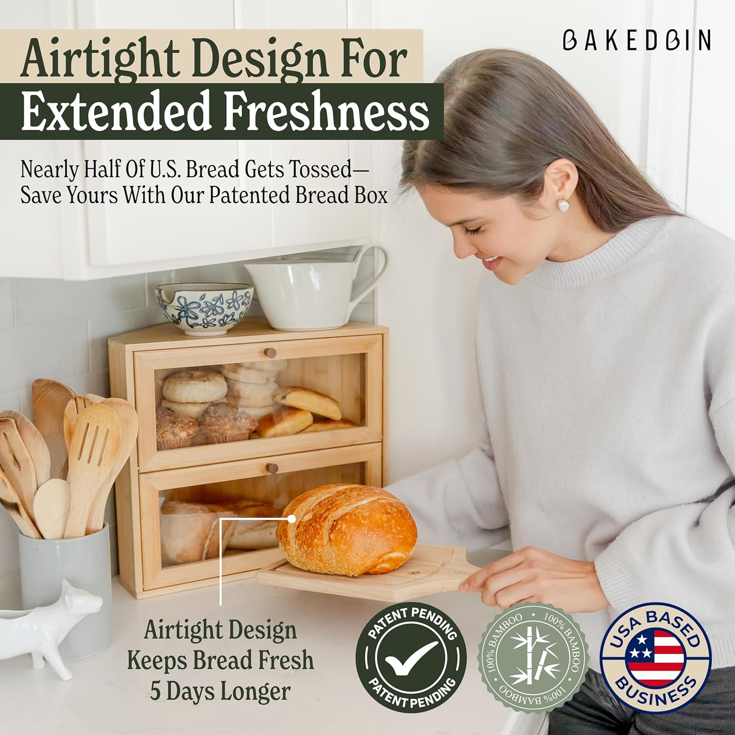 BakedBin Corner Bread Box for Kitchen Countertop - New 2026 Design, Vintage Bamboo Wooden BreadBox, Large, Double Layer Storage for Homemade Bread, Sourdough, Panera, Under Cabinet Organizer