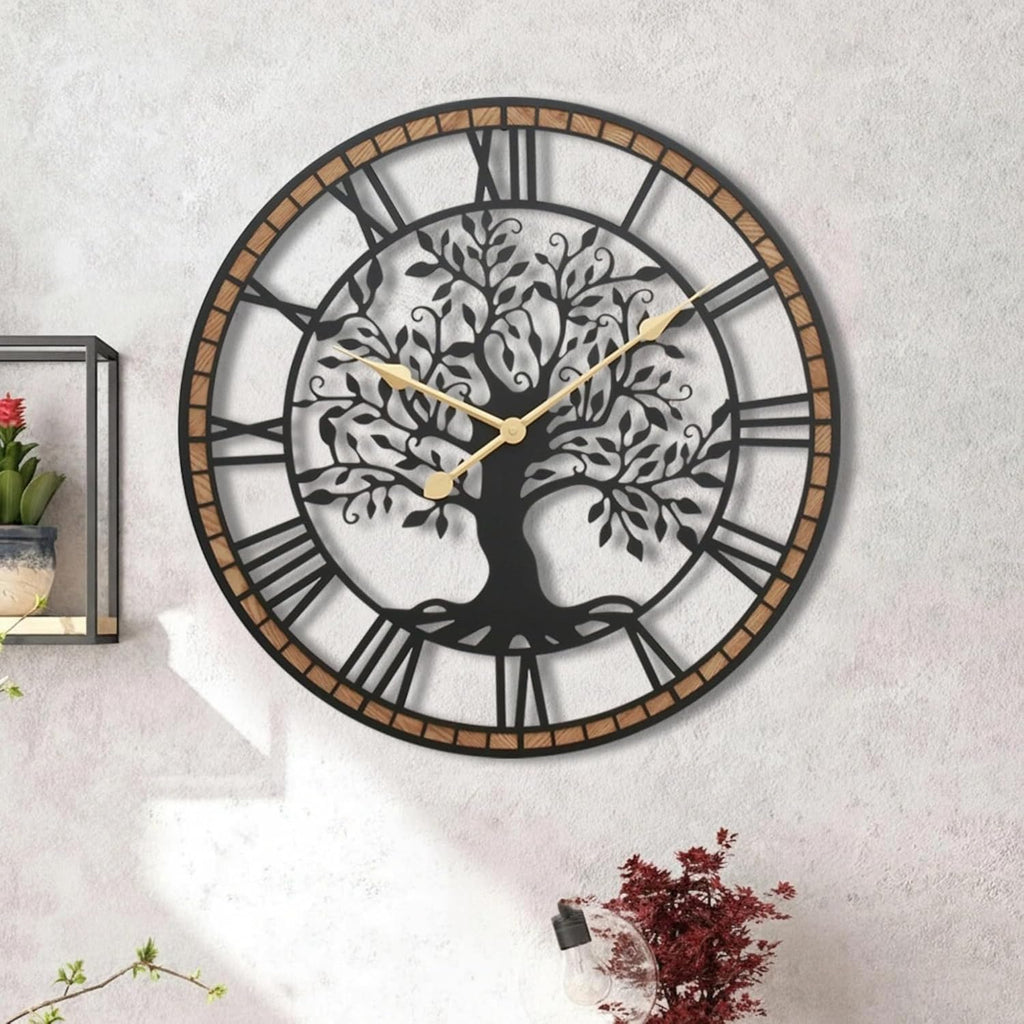 Micasso Non-Ticking Large Wall Clock: 24Inch Tree of Life Metal Black with Solid Wood Frame - Silent Battery Operated Clock for Living Room/Office/Bedroom/Kitchen - Home Decor for Fashion-Conscious