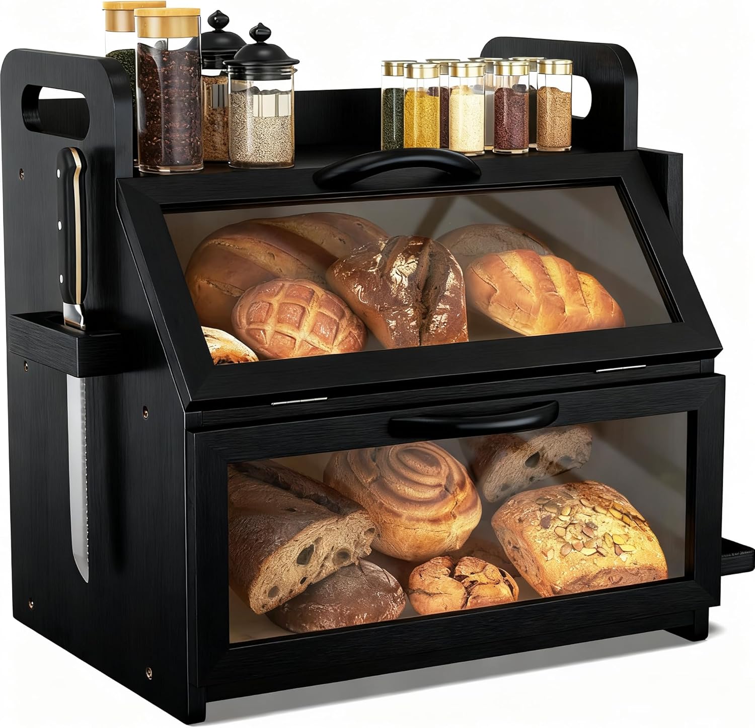 BAMBANG Extra Large Bread Box, Double Layer Bread Box for Homemade Bread, Bamboo Wooden Bread Storage Container with Tool Holder & Handles & Window, Assembly Required(14.9" x 11" x 15.3") Natural