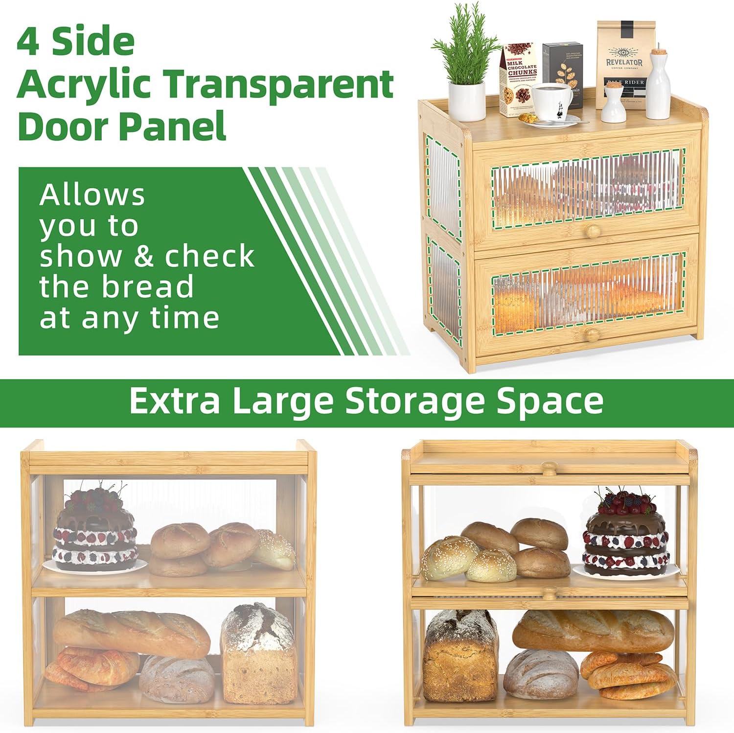 BAMBANG Extra Large Bamboo Bread Box for Kitchen Counter, Double Layer Bread Storage Container Farmhouse Bread Box with 4 Sides Transparency, Breadbox Bin Holder for Homemade Bread, Natural