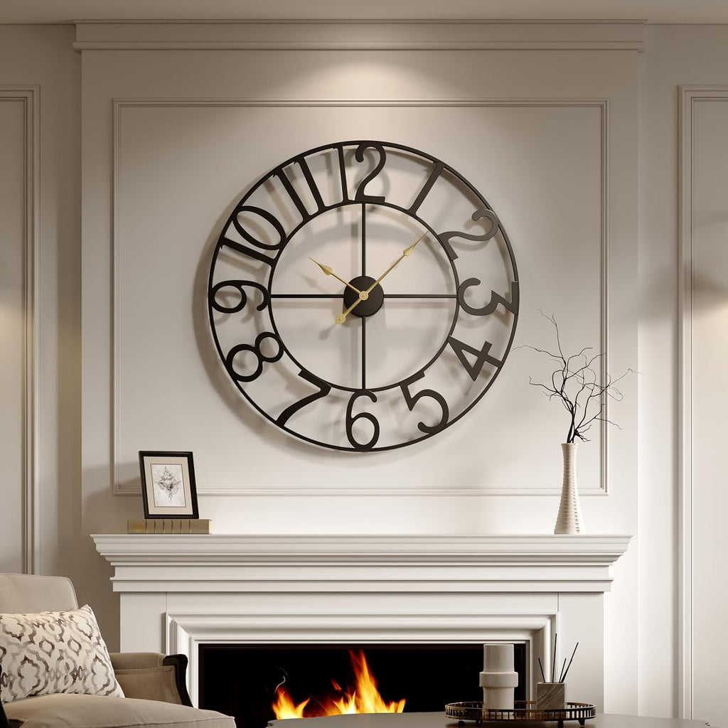 Cuspin Large Wall Clock for Living Room Decor, 30 Inch Decorative Wall Clocks Battery-Operated Silent Non Ticking Metal Modern Black Round Clock Arabic Numerals