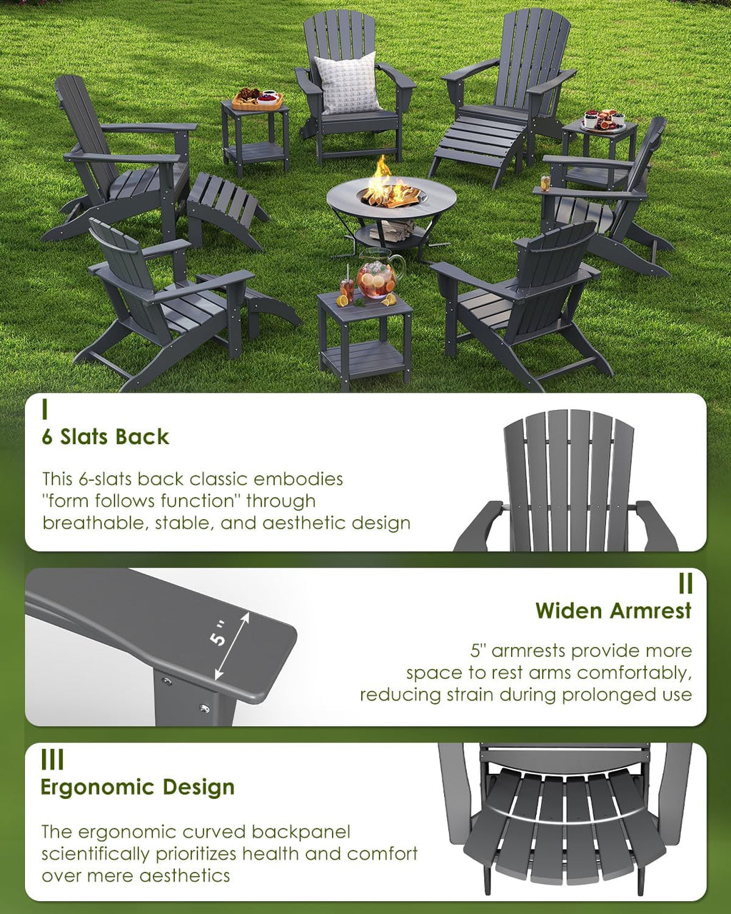 GREENVINES Adirondack Chairs Set of 4 | HDPE Plastic | Oversized Fire Pit Chair | All Weather | Grey | Poly Lumber | for Outdoor Deck Backyard Patio Garden