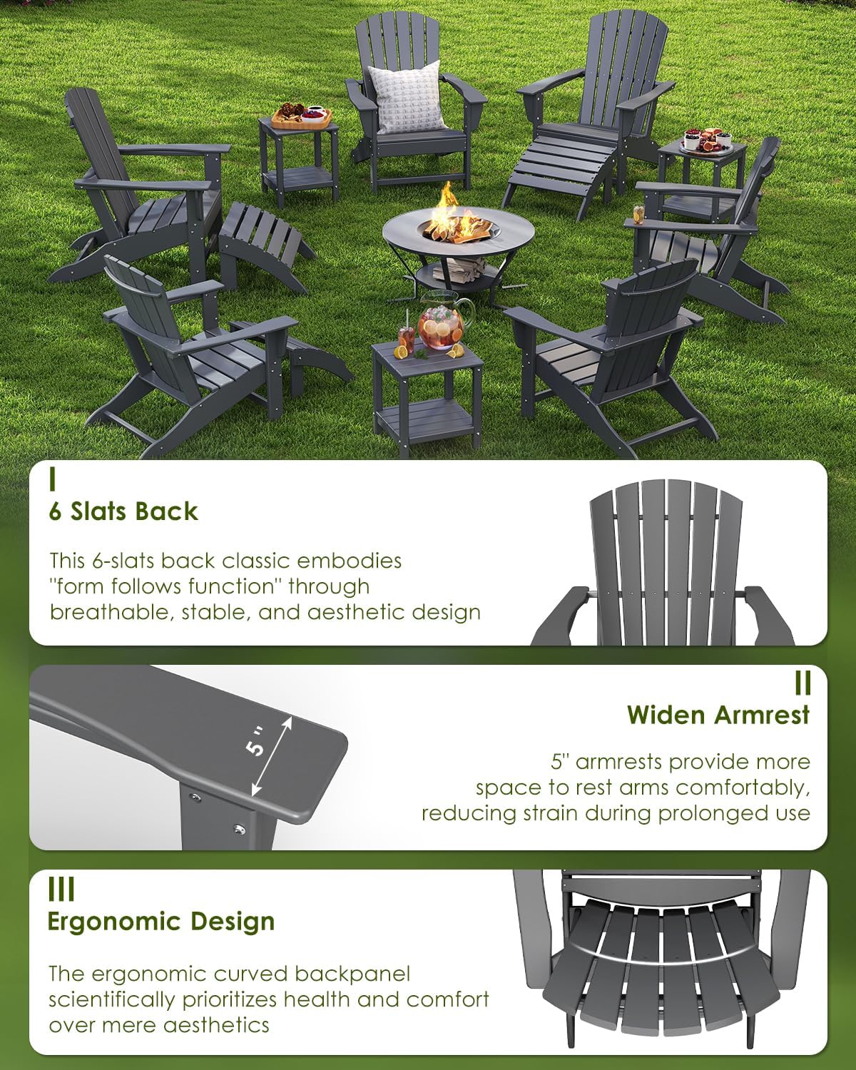 GREENVINES Adirondack Chairs Set of 4 | HDPE Plastic | Oversized Fire Pit Chair | All Weather | Grey | Poly Lumber | for Outdoor Deck Backyard Patio Garden