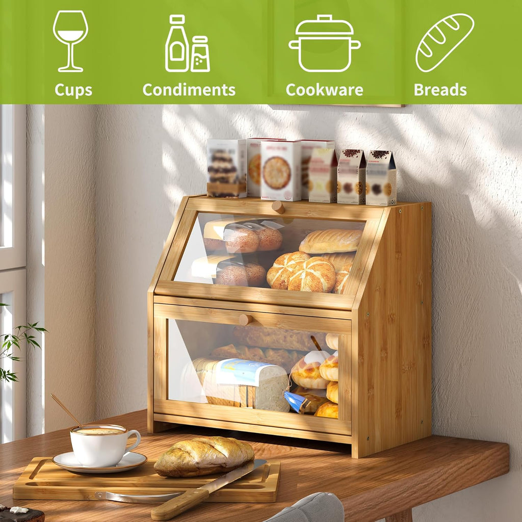 BMOSU Bread Box with Cutting Board Kitchen Bread Storage Organizer Farmhouse Countertop Double Bamboo Wood Bread Box(Natural)