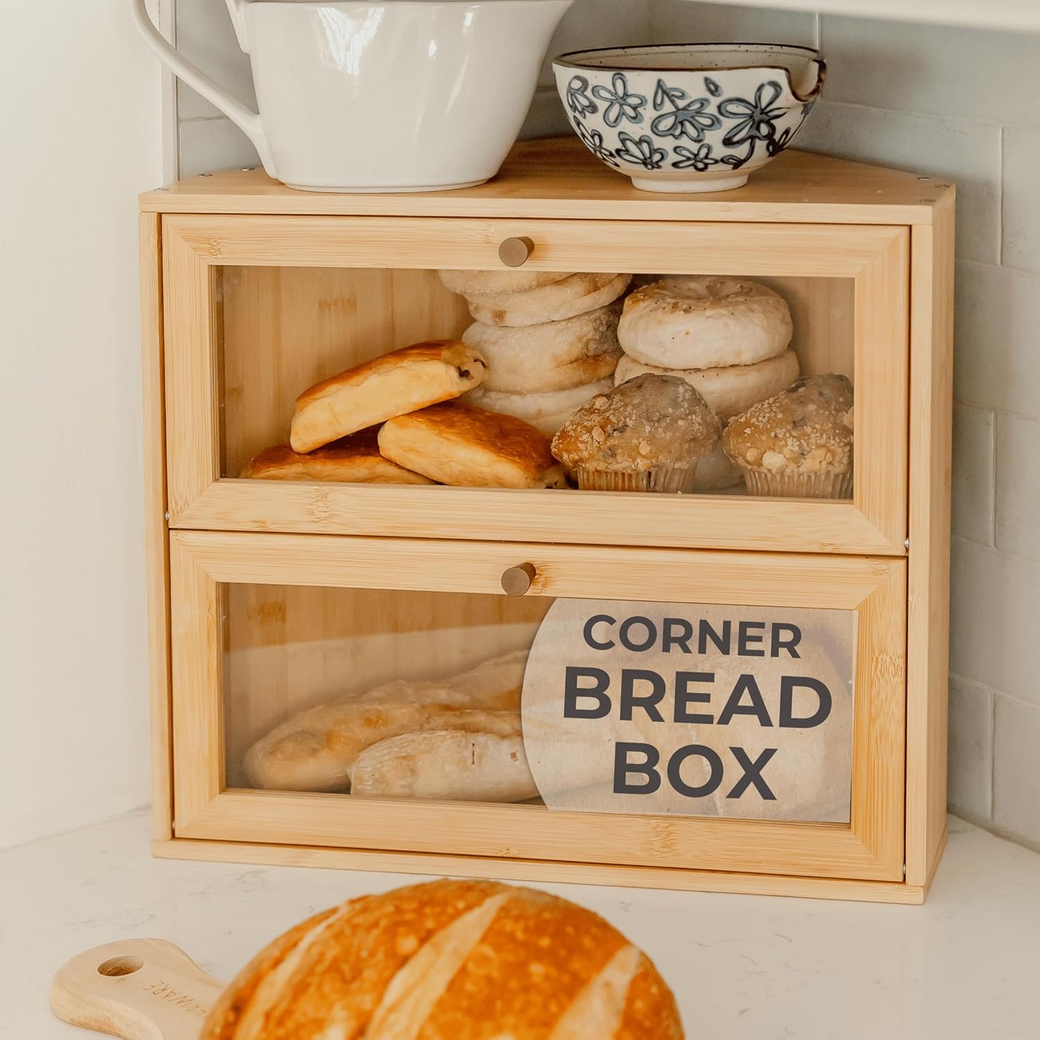 BakedBin Corner Bread Box for Kitchen Countertop - New 2026 Design, Vintage Bamboo Wooden BreadBox, Large, Double Layer Storage for Homemade Bread, Sourdough, Panera, Under Cabinet Organizer