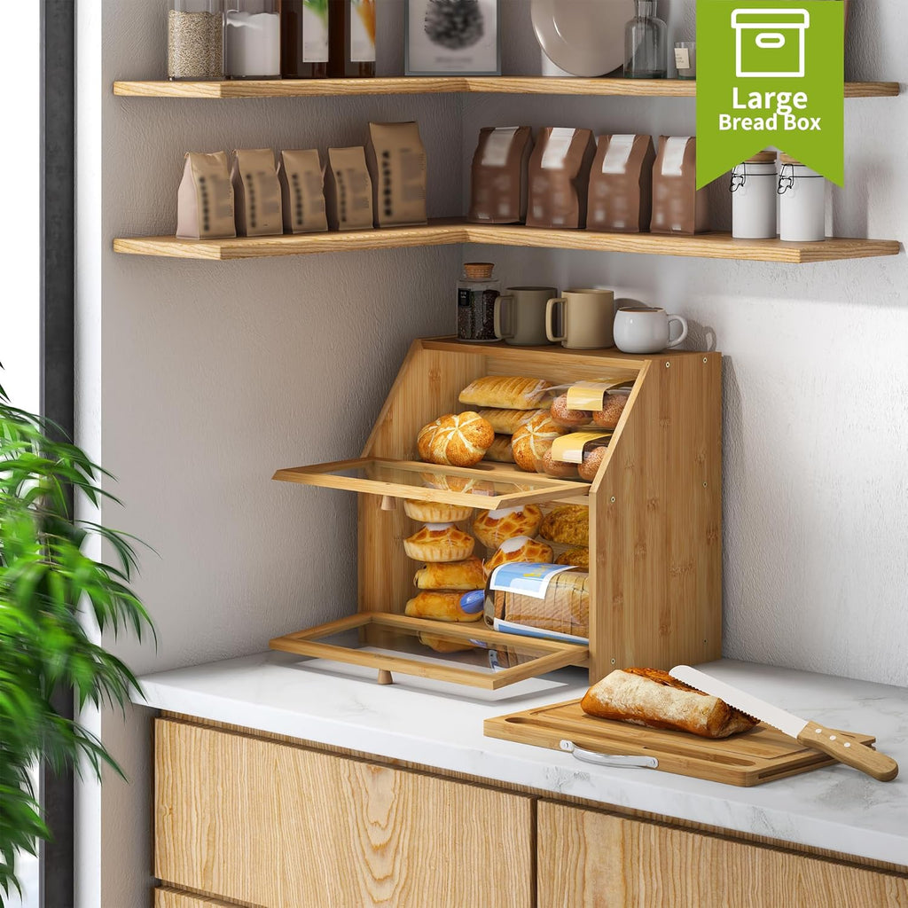 BMOSU Bread Box with Cutting Board Kitchen Bread Storage Organizer Farmhouse Countertop Double Bamboo Wood Bread Box(Natural)