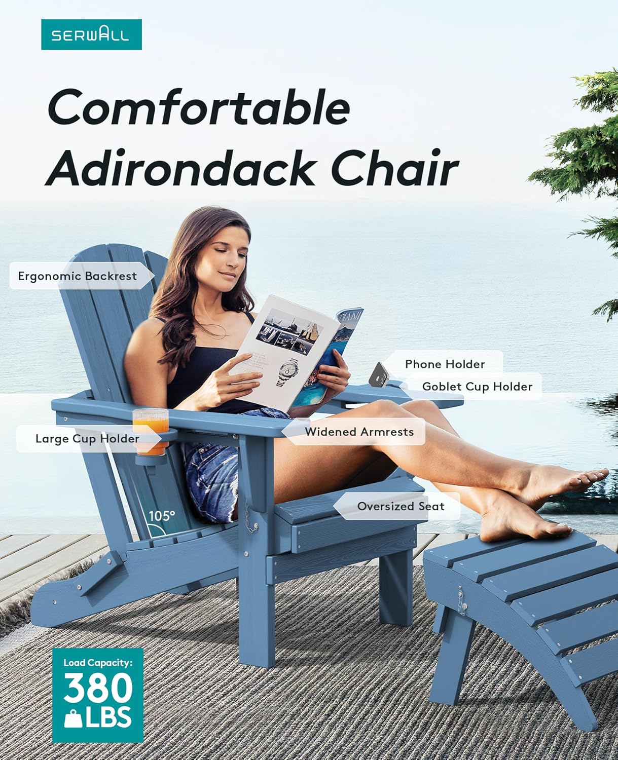 SERWALL Folding Adirondack Chair, HDPE Adirondack Chairs Set of 2, Plastic Outdoor Chairs- Looks Exactly Like Real Wood- Navy