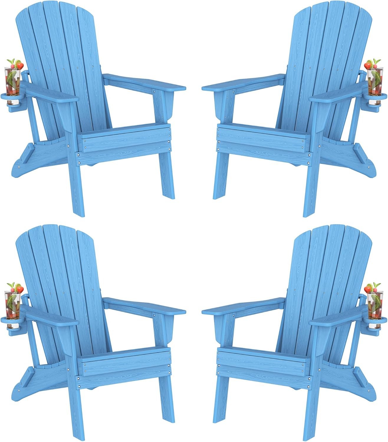 Plawdlik Folding Adirondack Chair, SGS Tested, Wooden Textured with Cup Holder, Heavy All-Weather HDPE Comfortable Set Poolside Backyard Lawn Black