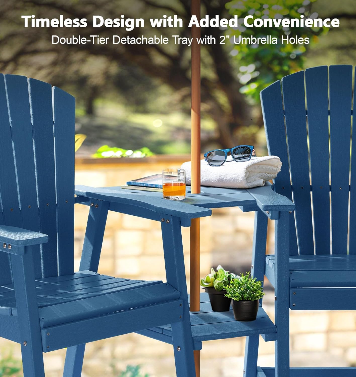 PASAMIC Tall Adirondack Chairs Set of 2, All-Weather HDPE Patio Chairs with Double Connecting Trays, Bar Height Heavy-Duty Outdoor Chairs for Garden, Backyard, Balcony, Blue