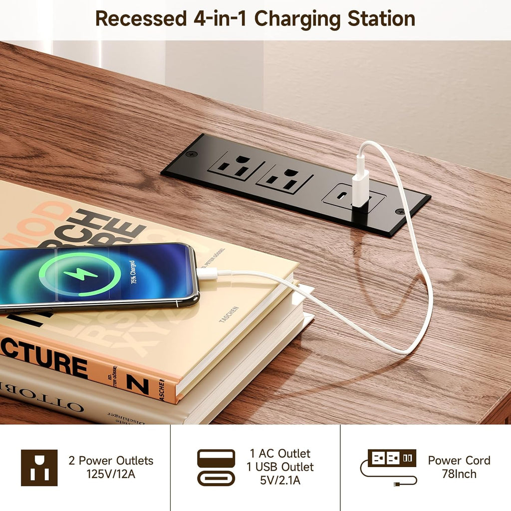 ONBRILL 55 Inch Fluted Computer Desk with Charging Station, Mid Century Executive Desk with 2 Storage Cabinets, Modern Home Office Large Desk with Metal Legs for Working, Studying, Writing, Walnut