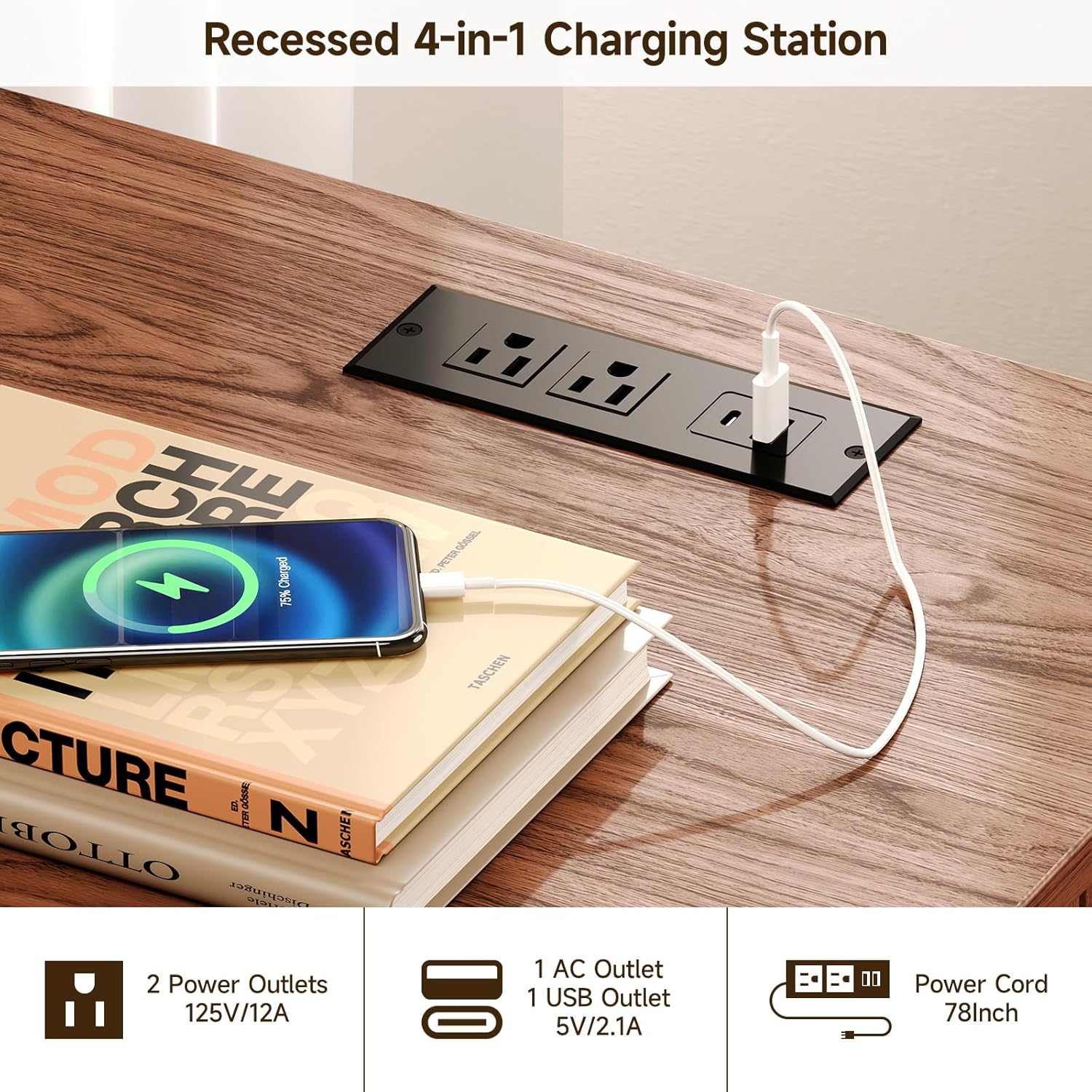 ONBRILL 55 Inch Fluted Computer Desk with Charging Station, Mid Century Executive Desk with 2 Storage Cabinets, Modern Home Office Large Desk with Metal Legs for Working, Studying, Writing, Walnut