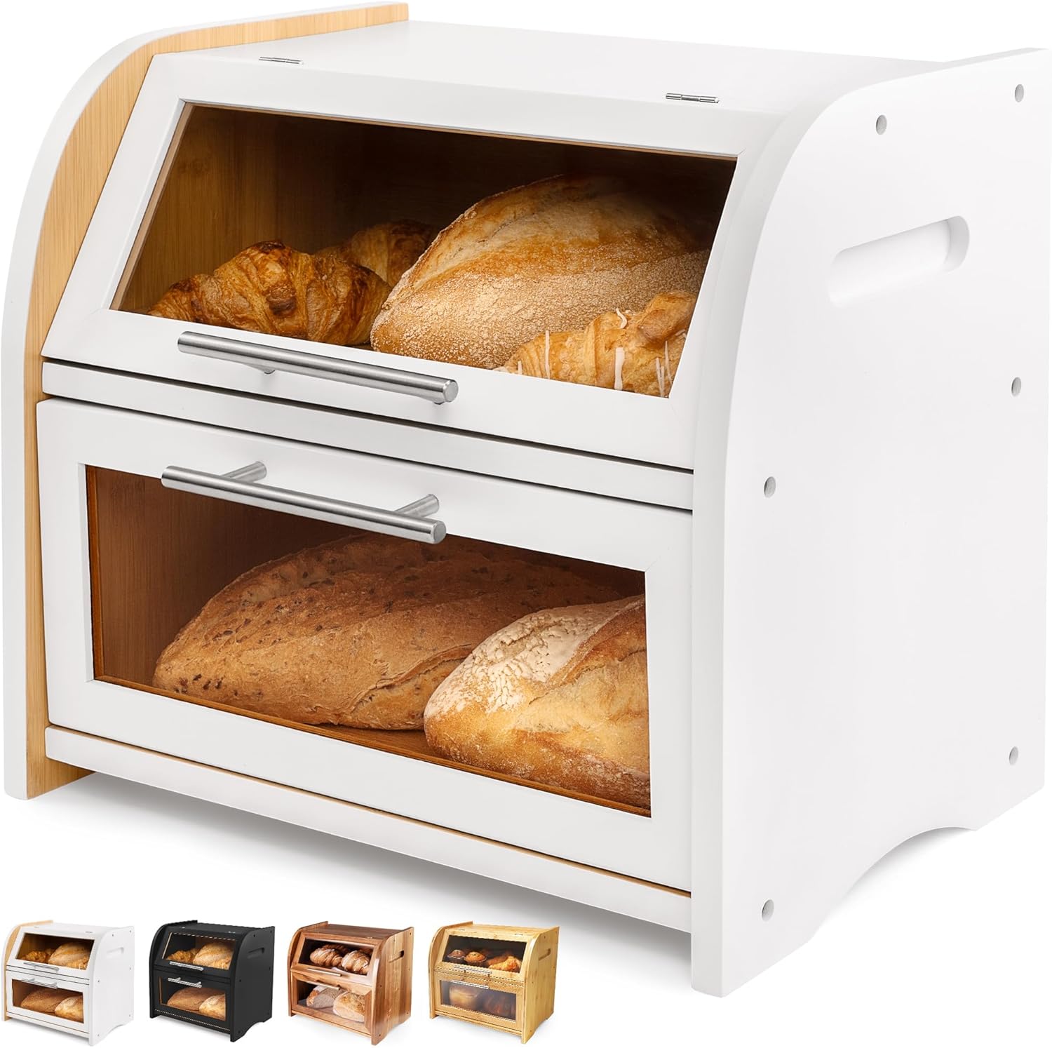 Arise Stylish Bamboo Bread Box for Kitchen Countertop, Extra Large 2-Shelf Wooden Bread Storage Container with Clear Windows and Air Vents Keep Bread, Bagels and Rolls Fresh, Self Assembly