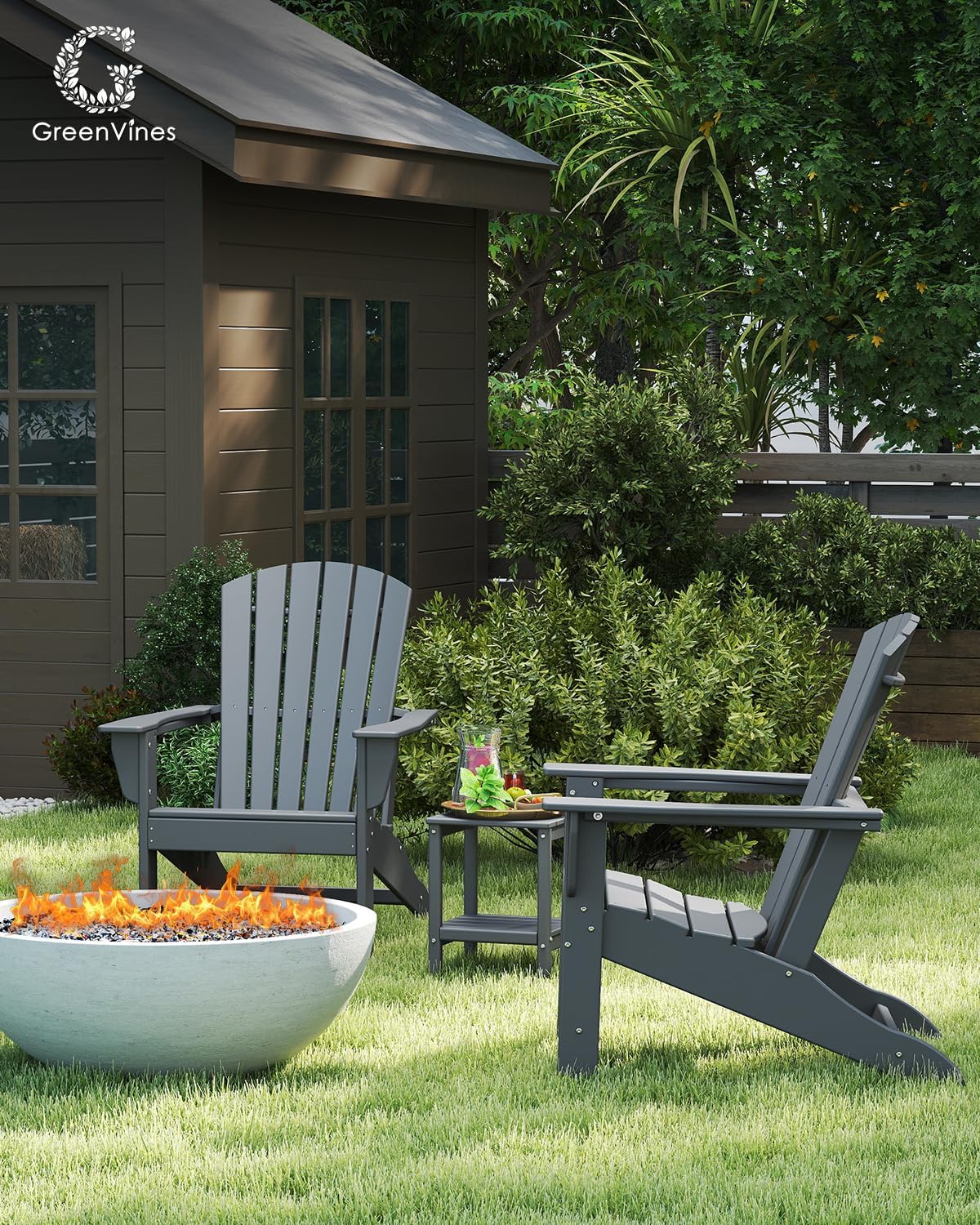 GREENVINES Adirondack Chairs Set of 4 | HDPE Plastic | Oversized Fire Pit Chair | All Weather | Grey | Poly Lumber | for Outdoor Deck Backyard Patio Garden