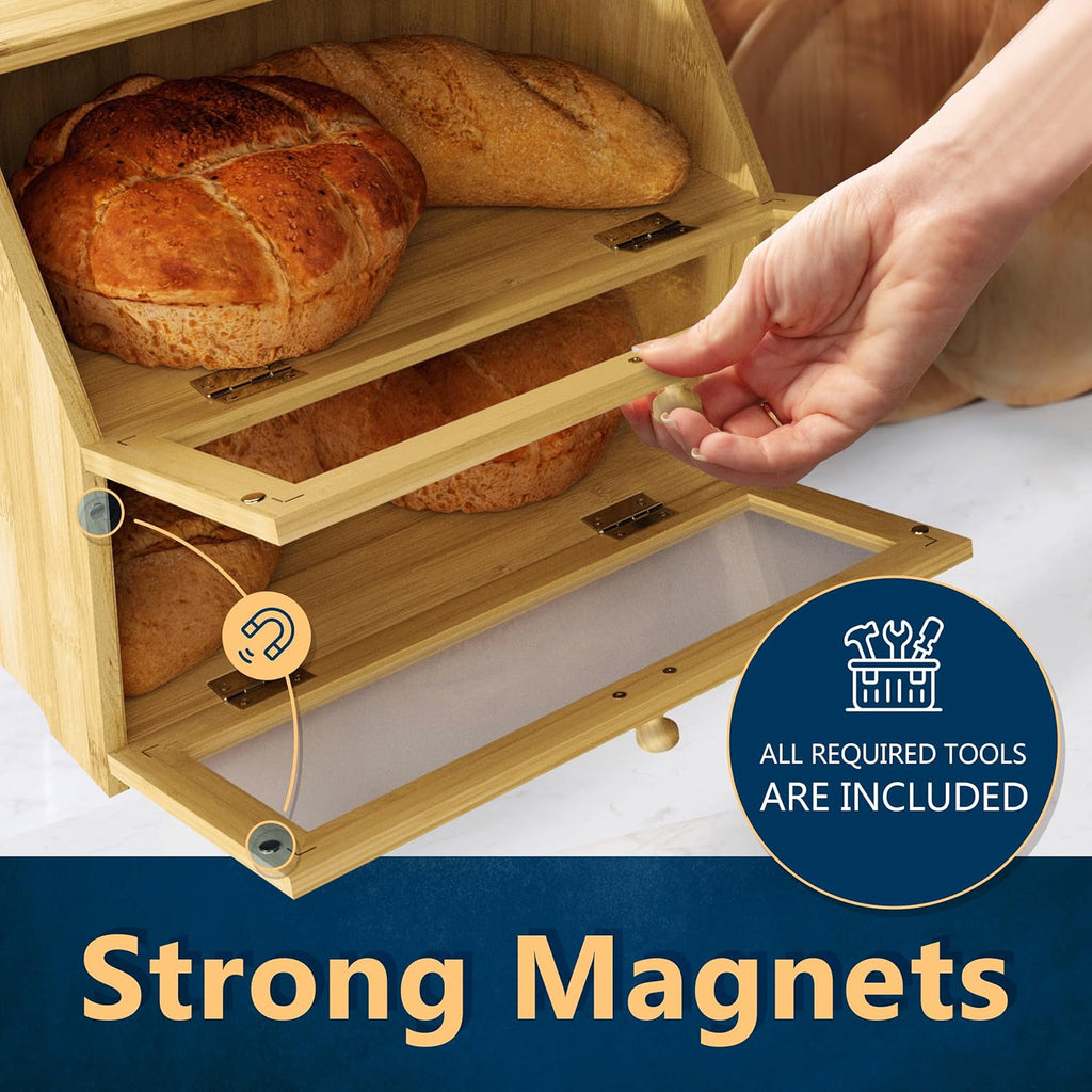 KIFIKITCHEN Bamboo Bread Box Space Saving Rustic Flat-Top Bread Bin for Countertop - Store Bread Cake and Baked Goods - 15 x 9.8 inches (2 Tier box)