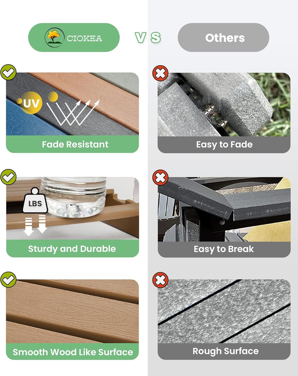 Ciokea Folding Adirondack Chair Wood Texture, Patio Adirondack Chair Weather Resistant, Plastic Fire Pit Chair with Cup Holder, Lawn Chair for Outdoor Porch Garden Backyard Deck (Teak)