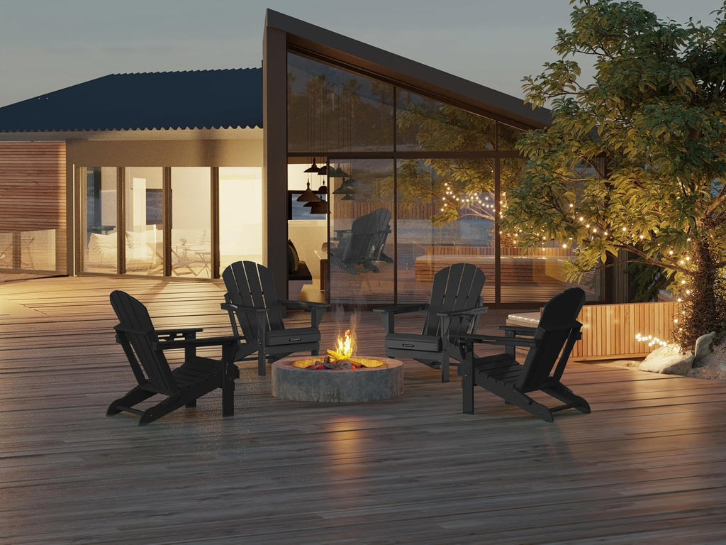 MUCHENGHY Folding Adirondack Chairs 2 Pack, Patio & Outdoor Chairs, Plastic Weather Resistant with Cup Holder for Deck, Backyard, Garden (Black)