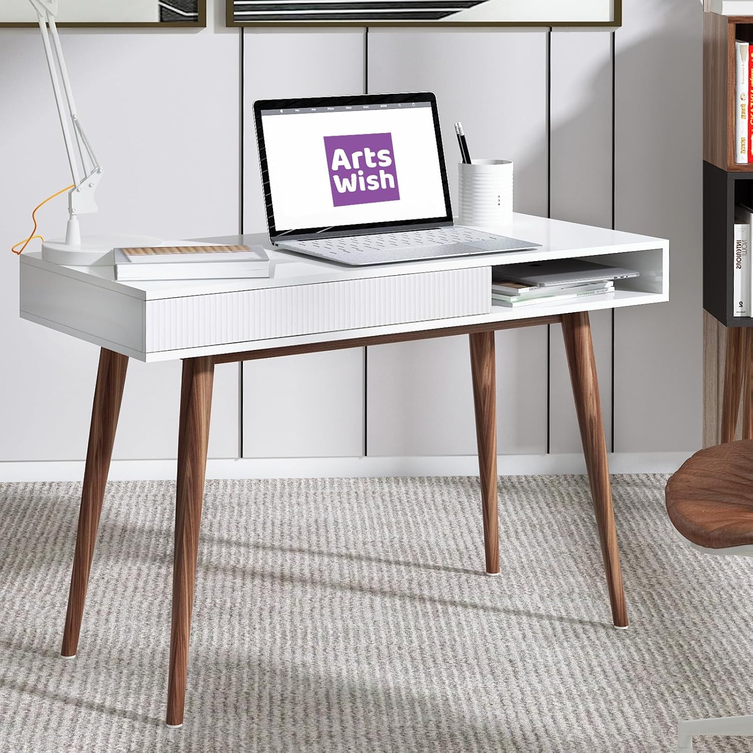 Artswish Mid Century Modern Office Desk with Drawer - Simple Writing Desk for Home Office, Walnut