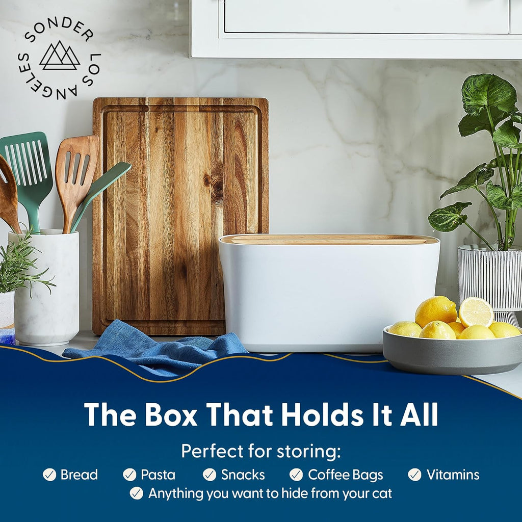 Sonder Los Angeles Union Large Bread Box | Fits Full Sourdough Loaves and More | Breadbox with Cutting Board | Homemade Bread Bin Storage Container | 14.25x9.25x7 in | White