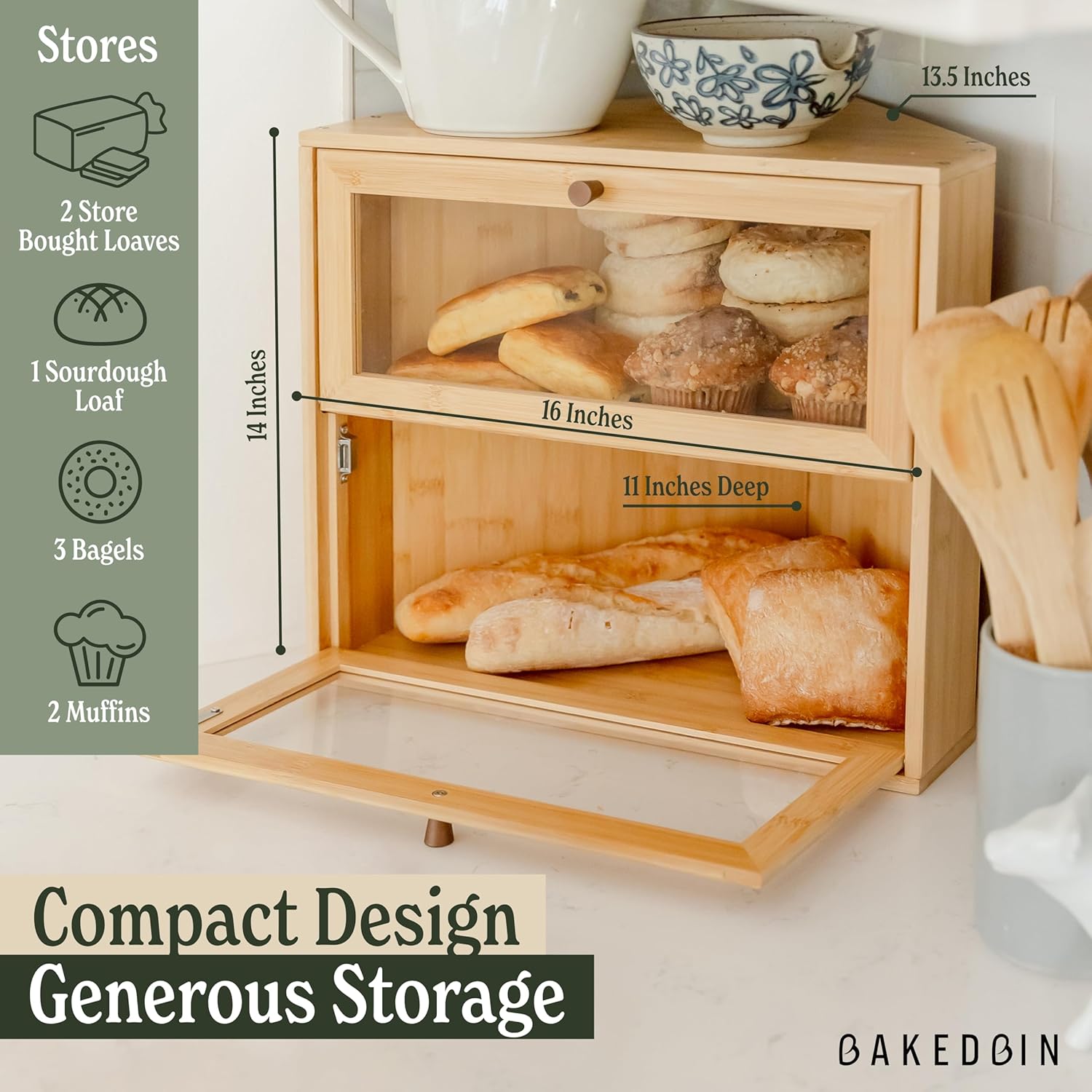 BakedBin Corner Bread Box for Kitchen Countertop - New 2026 Design, Vintage Bamboo Wooden BreadBox, Large, Double Layer Storage for Homemade Bread, Sourdough, Panera, Under Cabinet Organizer