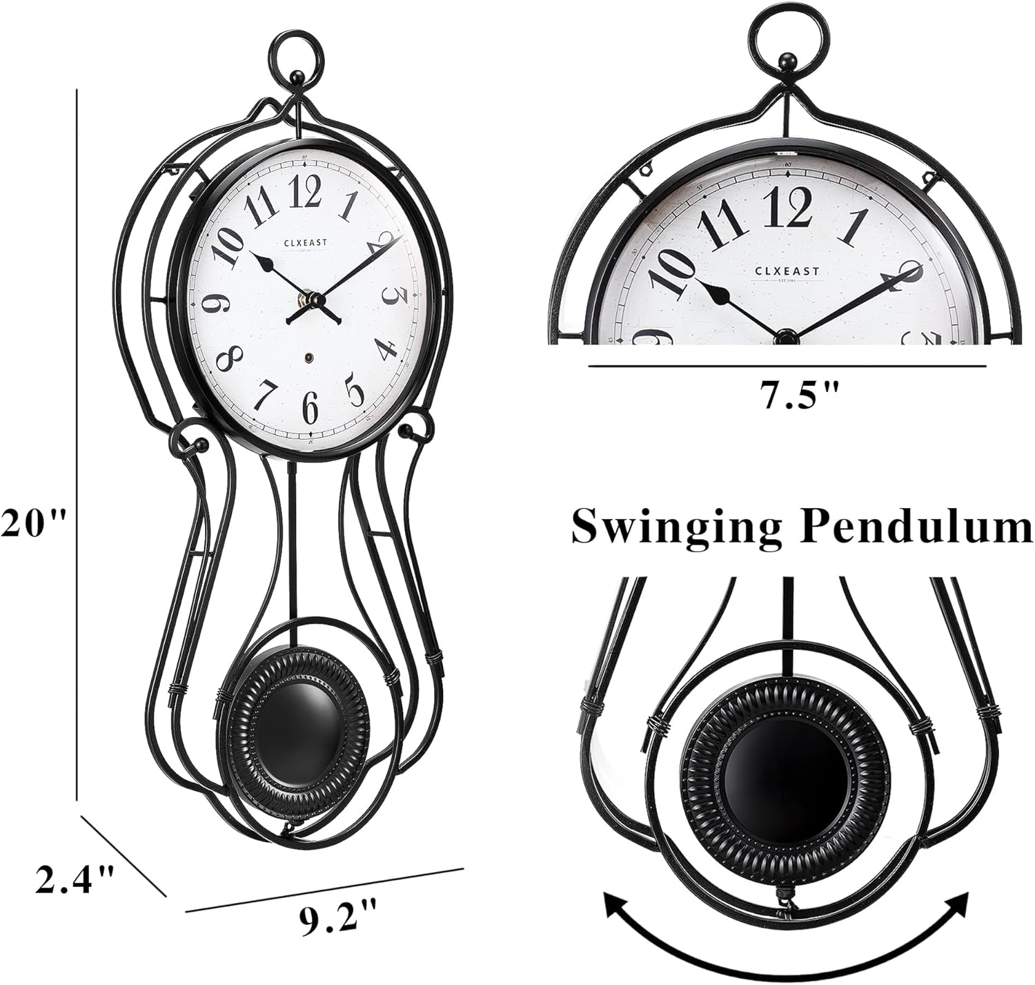 CLXEAST 20 Inch Black Metal Pendulum Wall Clock, Large Schoolhouse Regulator Wall Clocks for Living Room Decor,House Warming Gifts New Home,Gifts for Women
