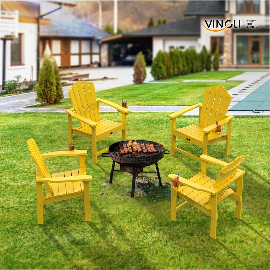 VINGLI Plastic Folding Adirondack Chair with Cup Holder, 100% Recyclable HDPE Material, 380lb Weight Capacity for Outdoor Pool Patio Lounge Chair Lawn Furniture Fire Pit, 1 Pack, Lemon Yellow
