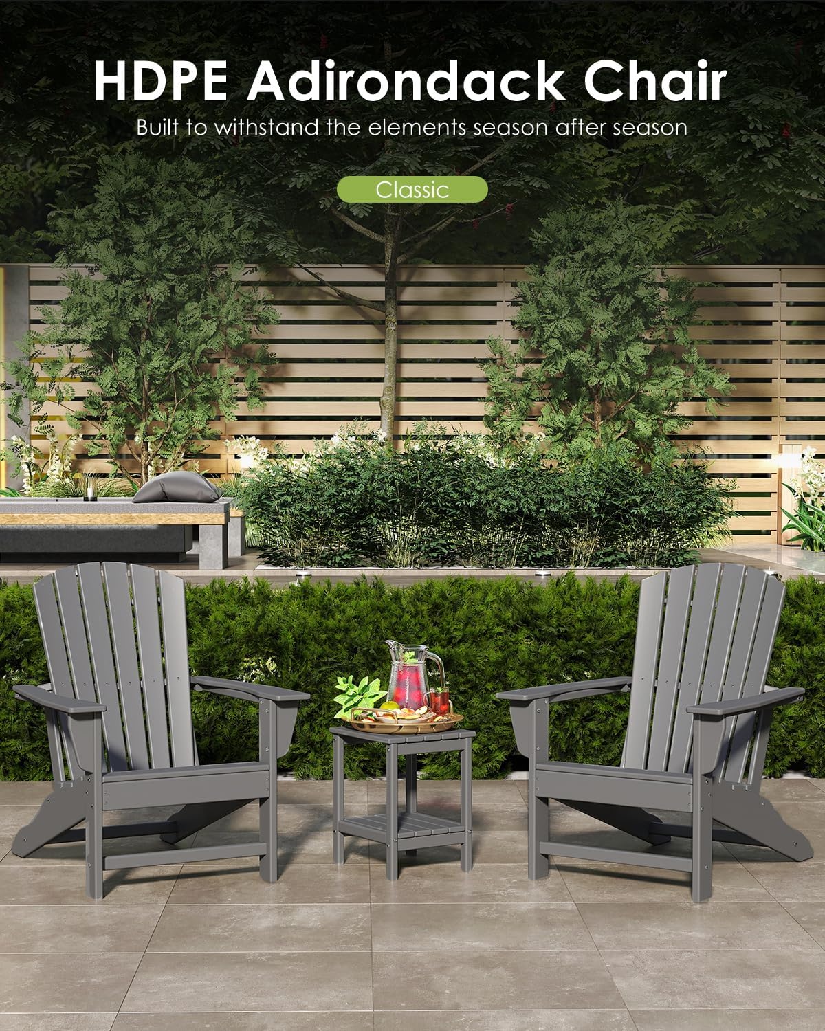 GREENVINES Adirondack Chairs Set of 4 | HDPE Plastic | Oversized Fire Pit Chair | All Weather | Grey | Poly Lumber | for Outdoor Deck Backyard Patio Garden