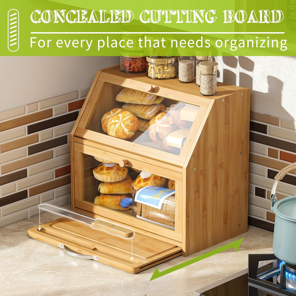 BMOSU Bread Box with Cutting Board Kitchen Bread Storage Organizer Farmhouse Countertop Double Bamboo Wood Bread Box(Natural)