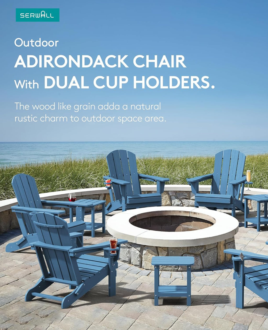 SERWALL Folding Adirondack Chair, HDPE Adirondack Chairs Set of 2, Plastic Outdoor Chairs- Looks Exactly Like Real Wood- Navy