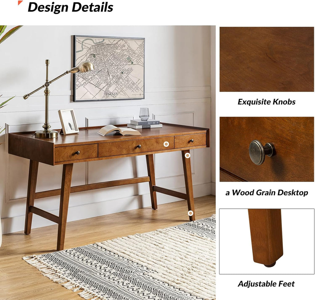 HULALA HOME Home Office Desk with 3 Drawers & Solid Wood Legs, Writing Table with Charging Station & Cable Management, Mid Century Modern Desk for Bedroom/Living Room/Study/Workstation, Walnut