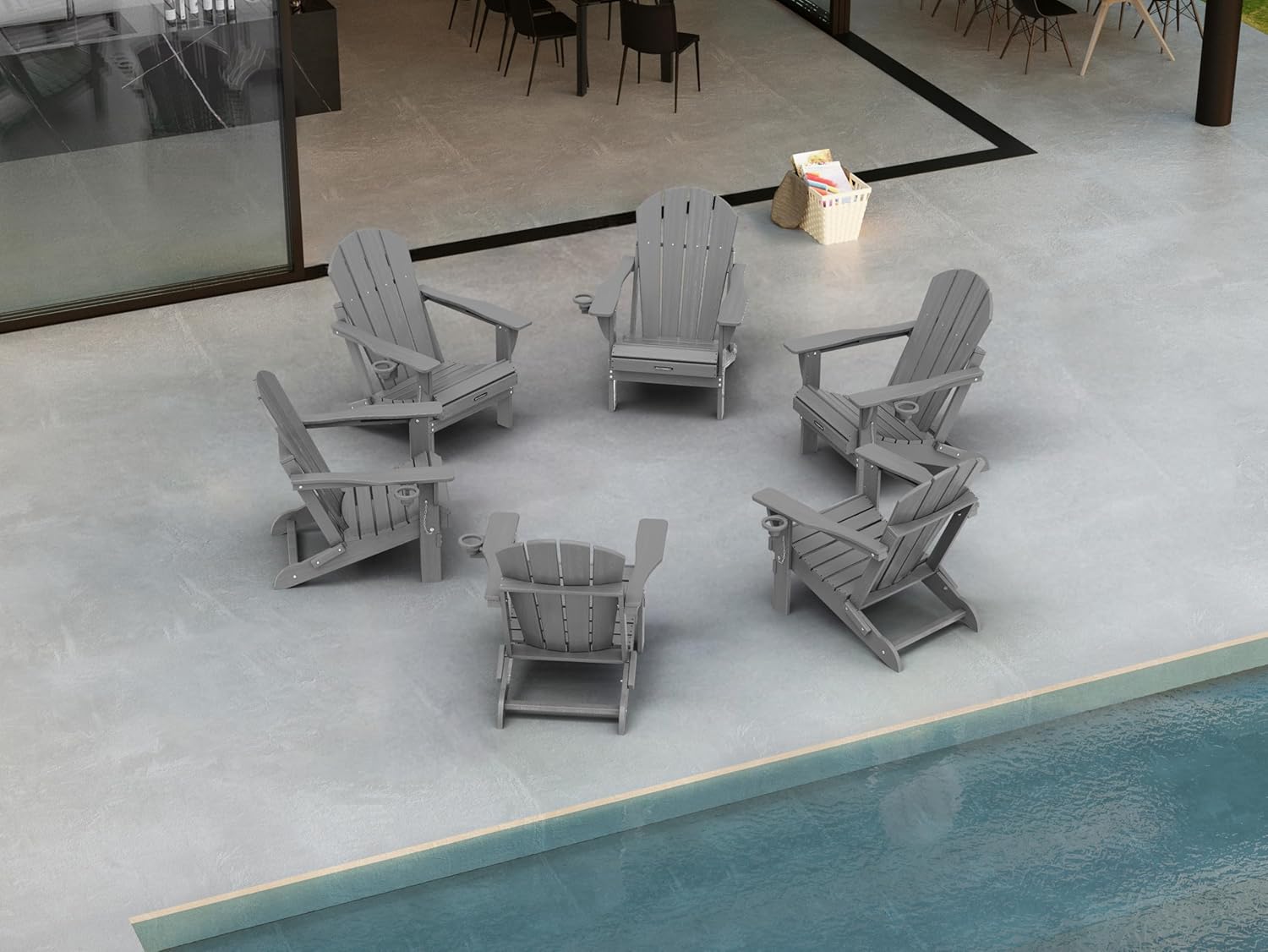 Ciokea Folding Adirondack Chair Wood Texture, Patio Adirondack Chair Weather Resistant, Plastic Fire Pit Chair with Cup Holder, Lawn Chair for Outdoor Porch Garden Backyard Deck (Teak)