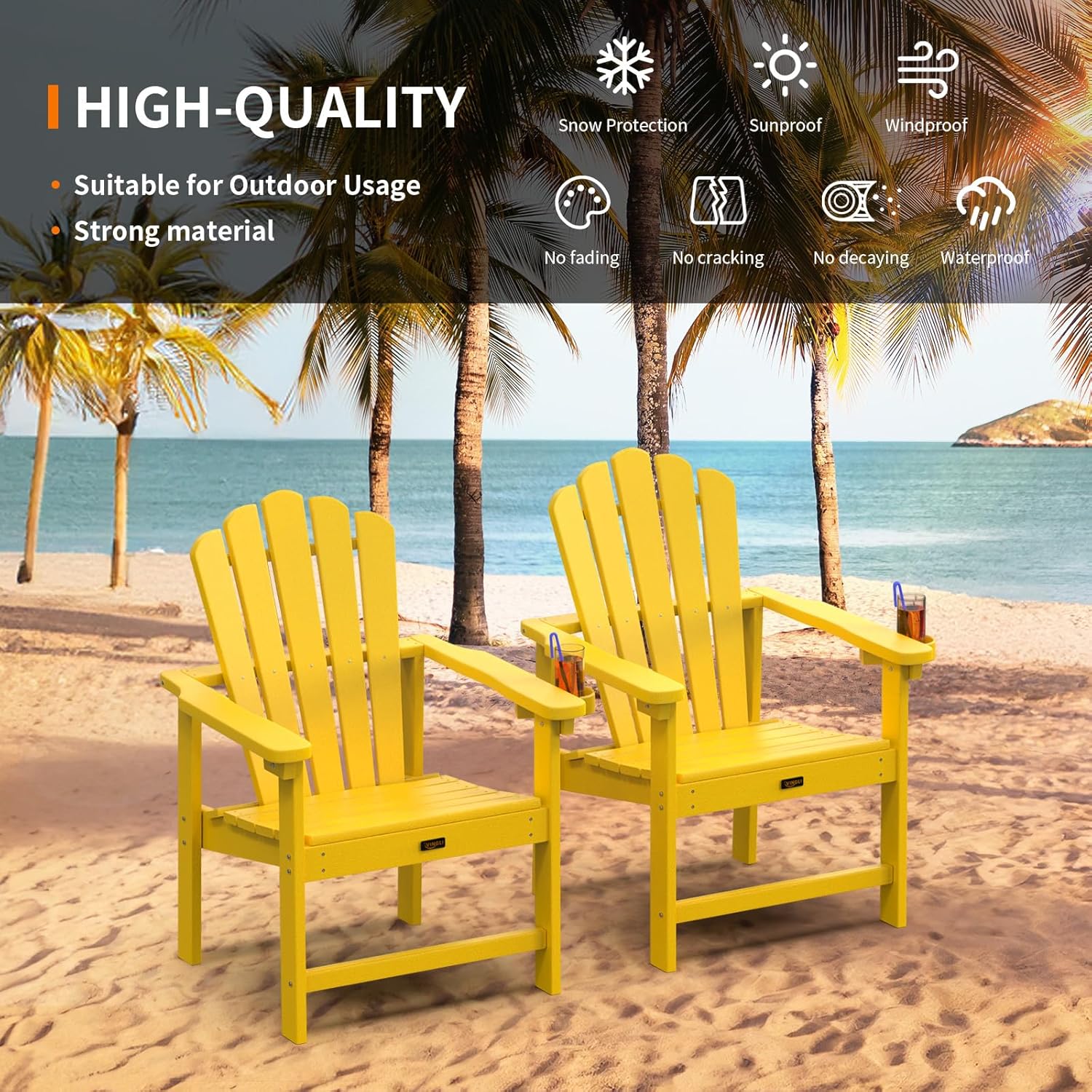 VINGLI Plastic Folding Adirondack Chair with Cup Holder, 100% Recyclable HDPE Material, 380lb Weight Capacity for Outdoor Pool Patio Lounge Chair Lawn Furniture Fire Pit, 1 Pack, Lemon Yellow