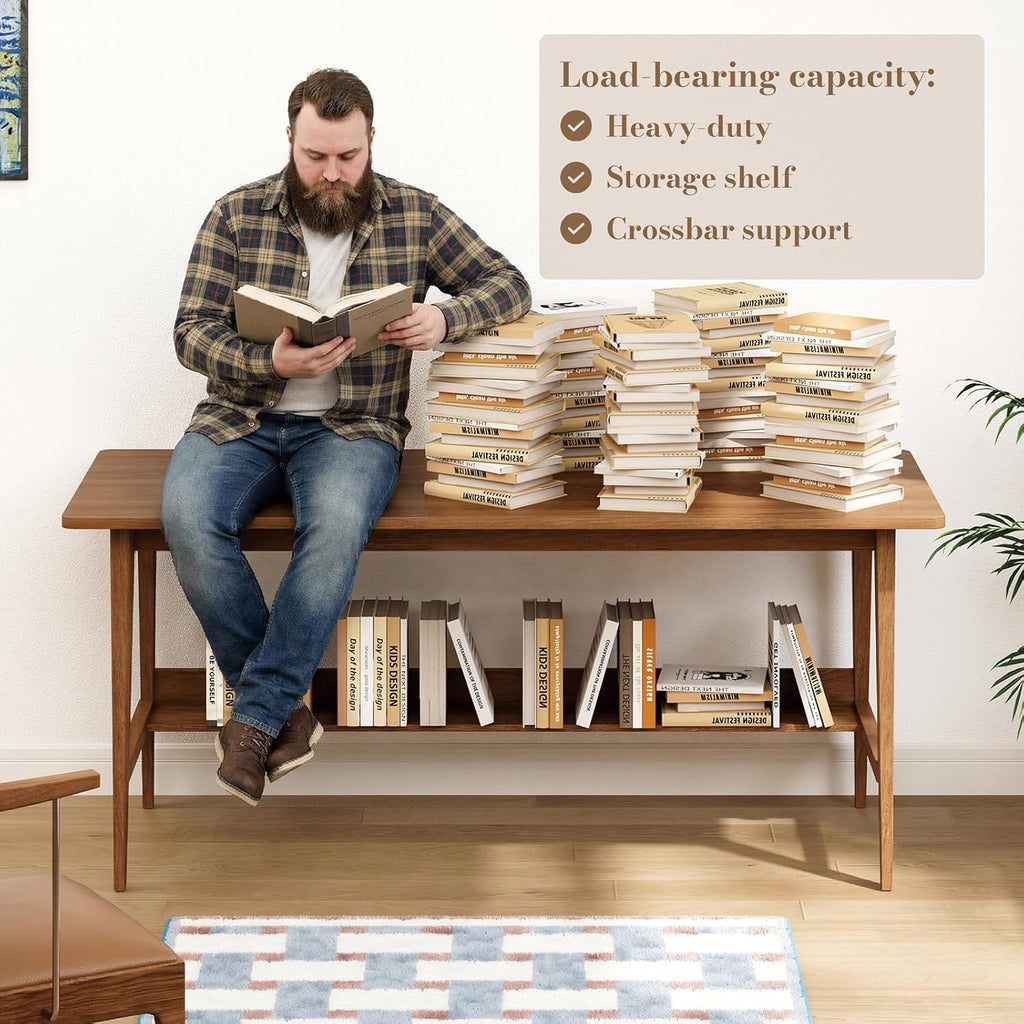 NOWIHOP 63" Solid Wood Office Desk, Mid-Century Modern Computer Desk with Storage Shelf, Large 2-Person Writing Study Table Workstation for Home Office, Walnut Finish