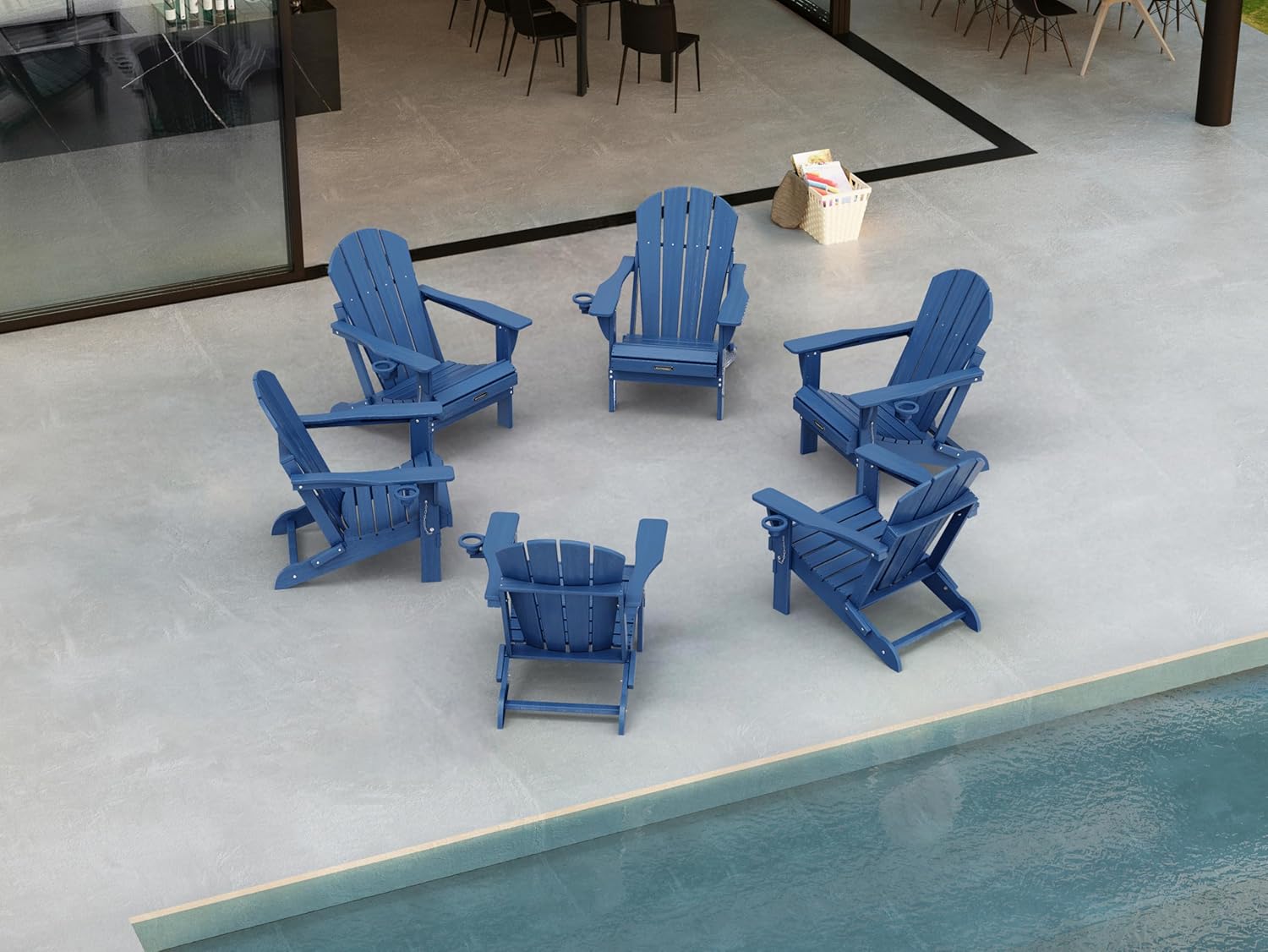 Ciokea Folding Adirondack Chair Wood Texture, Patio Adirondack Chair Weather Resistant, Plastic Fire Pit Chair with Cup Holder, Lawn Chair for Outdoor Porch Garden Backyard Deck (Teak)