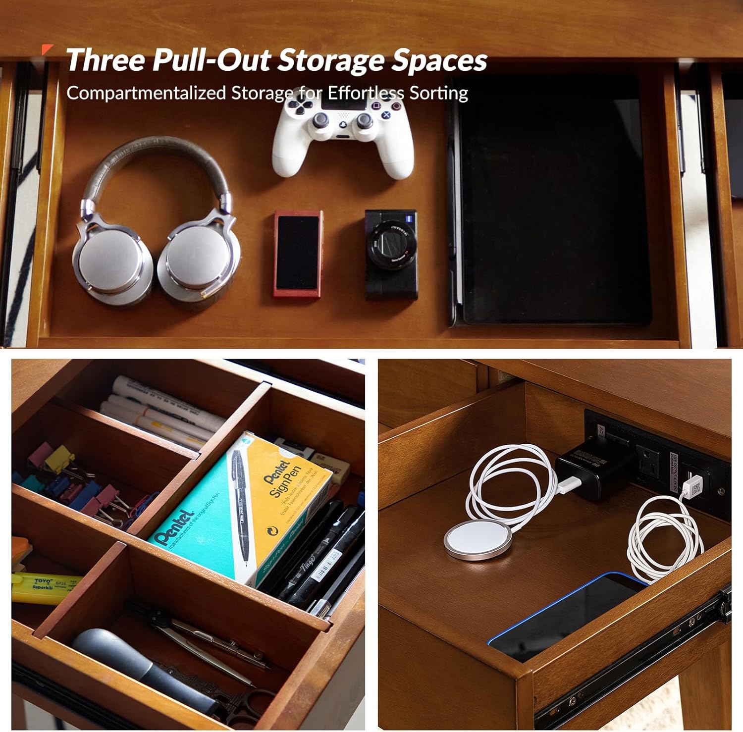 HULALA HOME Home Office Desk with 3 Drawers & Solid Wood Legs, Writing Table with Charging Station & Cable Management, Mid Century Modern Desk for Bedroom/Living Room/Study/Workstation, Walnut