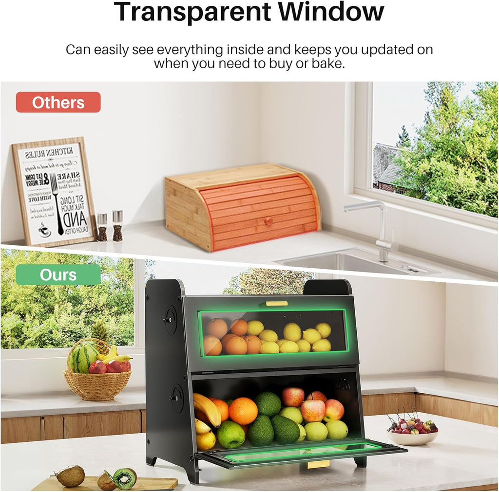 SNTD Bread Box - Kitchen Countertop Bread Storage Container with Bamboo Cutting Board, Adjustable Vent Hole Dials, Black