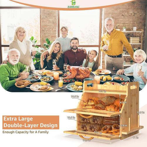 BAMBANG Extra Large Bread Box, Double Layer Bread Box for Homemade Bread, Bamboo Wooden Bread Storage Container with Tool Holder & Handles & Window, Assembly Required(14.9" x 11" x 15.3") Natural