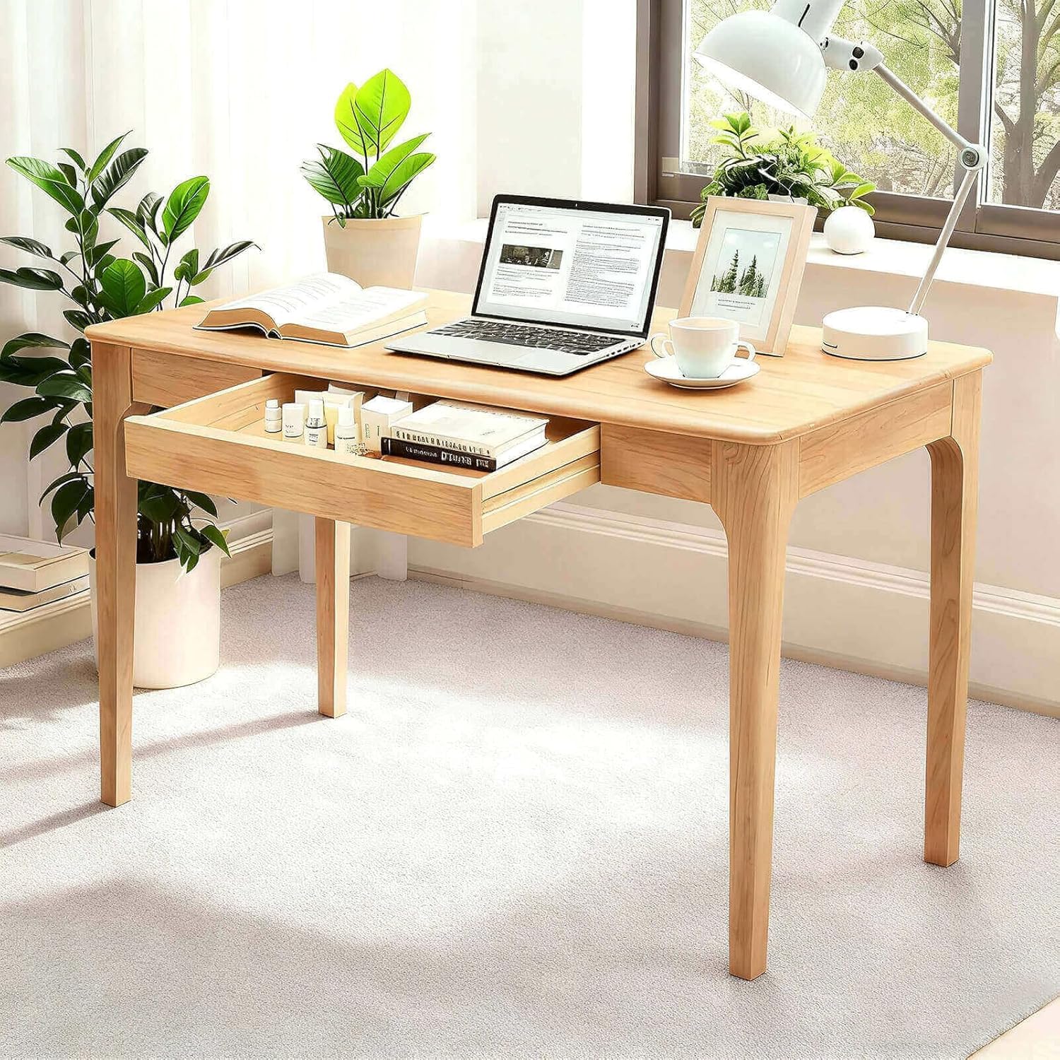 Solid Wood Desk,40" Oak Wooden Desk with Drawers,Mid Century Modern Small Computer Desk with Drawers for Small Spaces Home Office Solid Wood Writing Desk,(Walnut Color-1 Drawers) (Walnut Color)