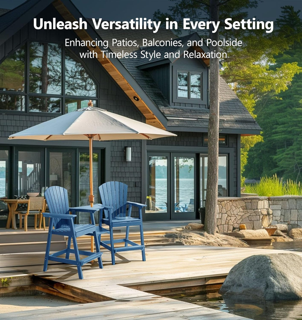 PASAMIC Tall Adirondack Chairs Set of 2, All-Weather HDPE Patio Chairs with Double Connecting Trays, Bar Height Heavy-Duty Outdoor Chairs for Garden, Backyard, Balcony, Blue