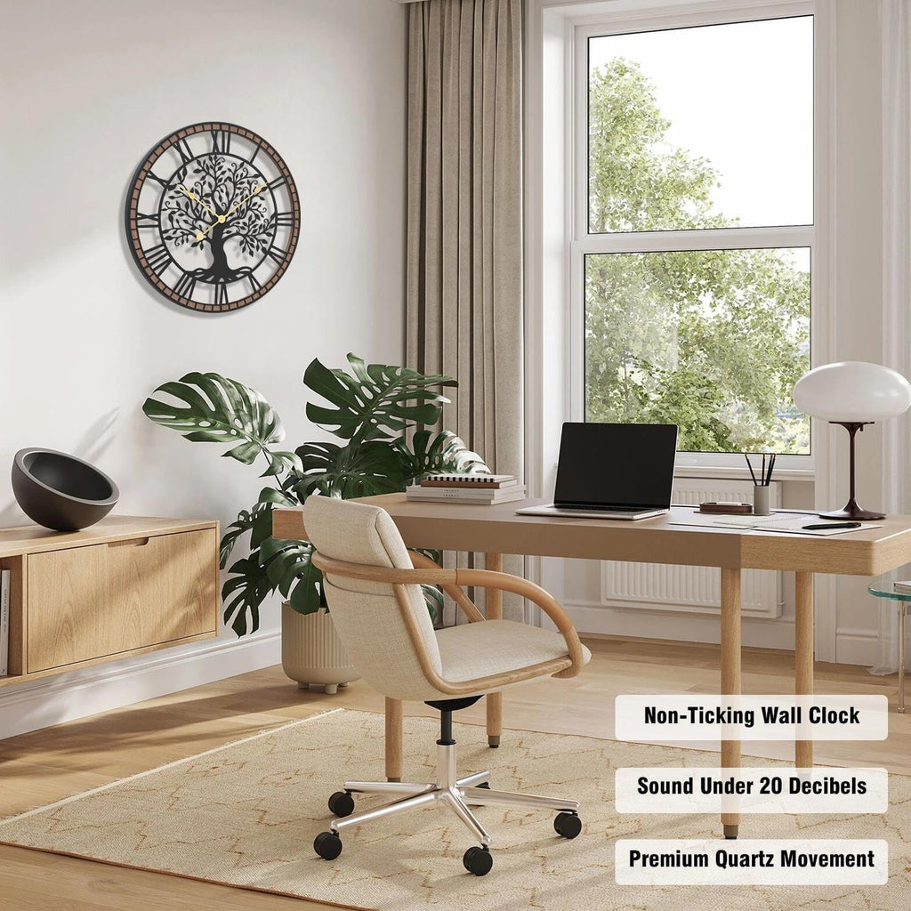 Micasso Non-Ticking Large Wall Clock: 24Inch Tree of Life Metal Black with Solid Wood Frame - Silent Battery Operated Clock for Living Room/Office/Bedroom/Kitchen - Home Decor for Fashion-Conscious