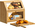 BMOSU Bread Box with Cutting Board Kitchen Bread Storage Organizer Farmhouse Countertop Double Bamboo Wood Bread Box(Natural)