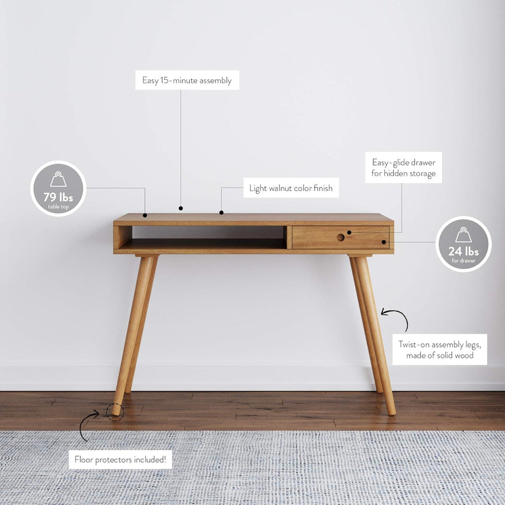 Nathan James Parker Modern Home Office Writing, Computer or Laptop Desk with Open Storage Cubby and Small Drawer, Walnut