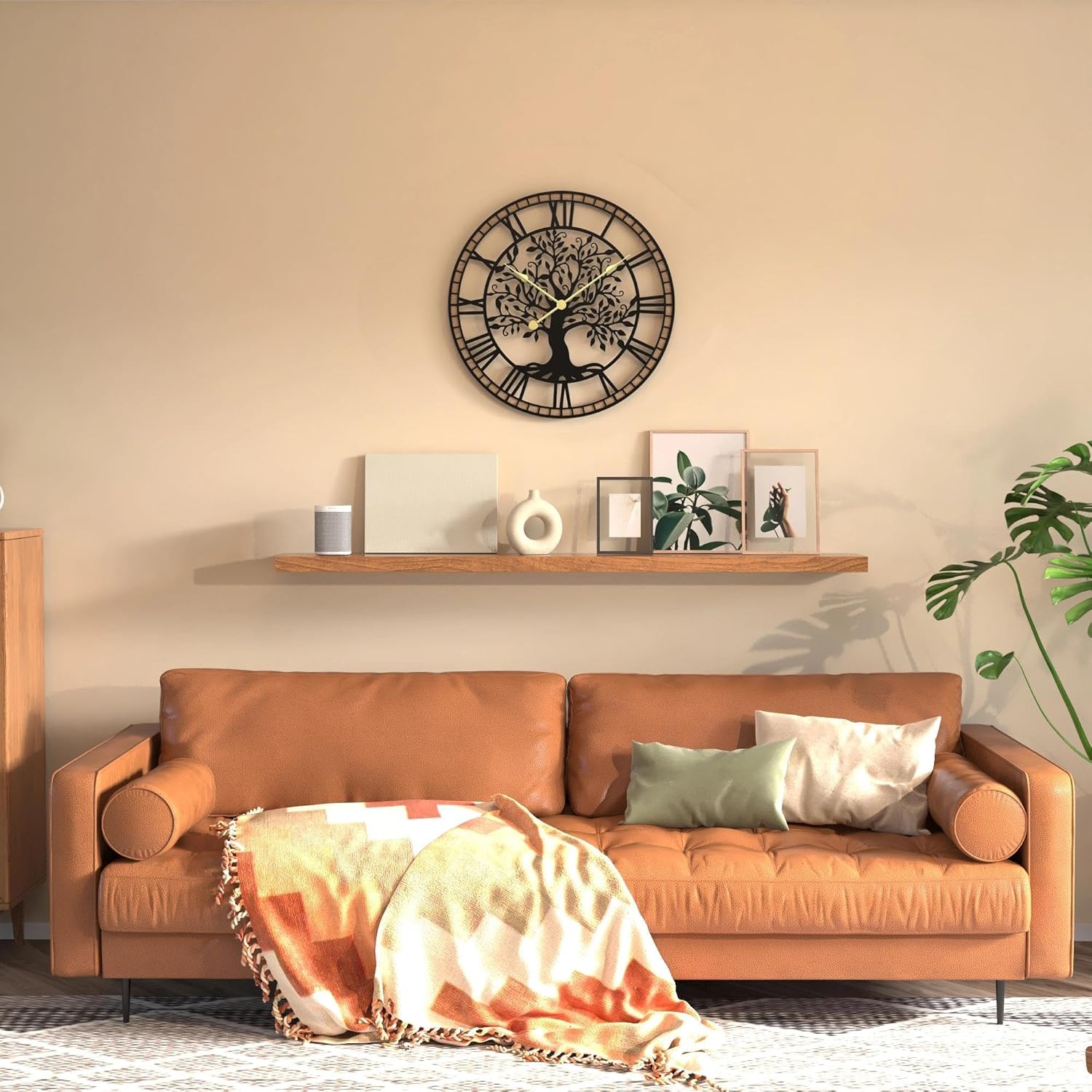 Micasso Non-Ticking Large Wall Clock: 24Inch Tree of Life Metal Black with Solid Wood Frame - Silent Battery Operated Clock for Living Room/Office/Bedroom/Kitchen - Home Decor for Fashion-Conscious