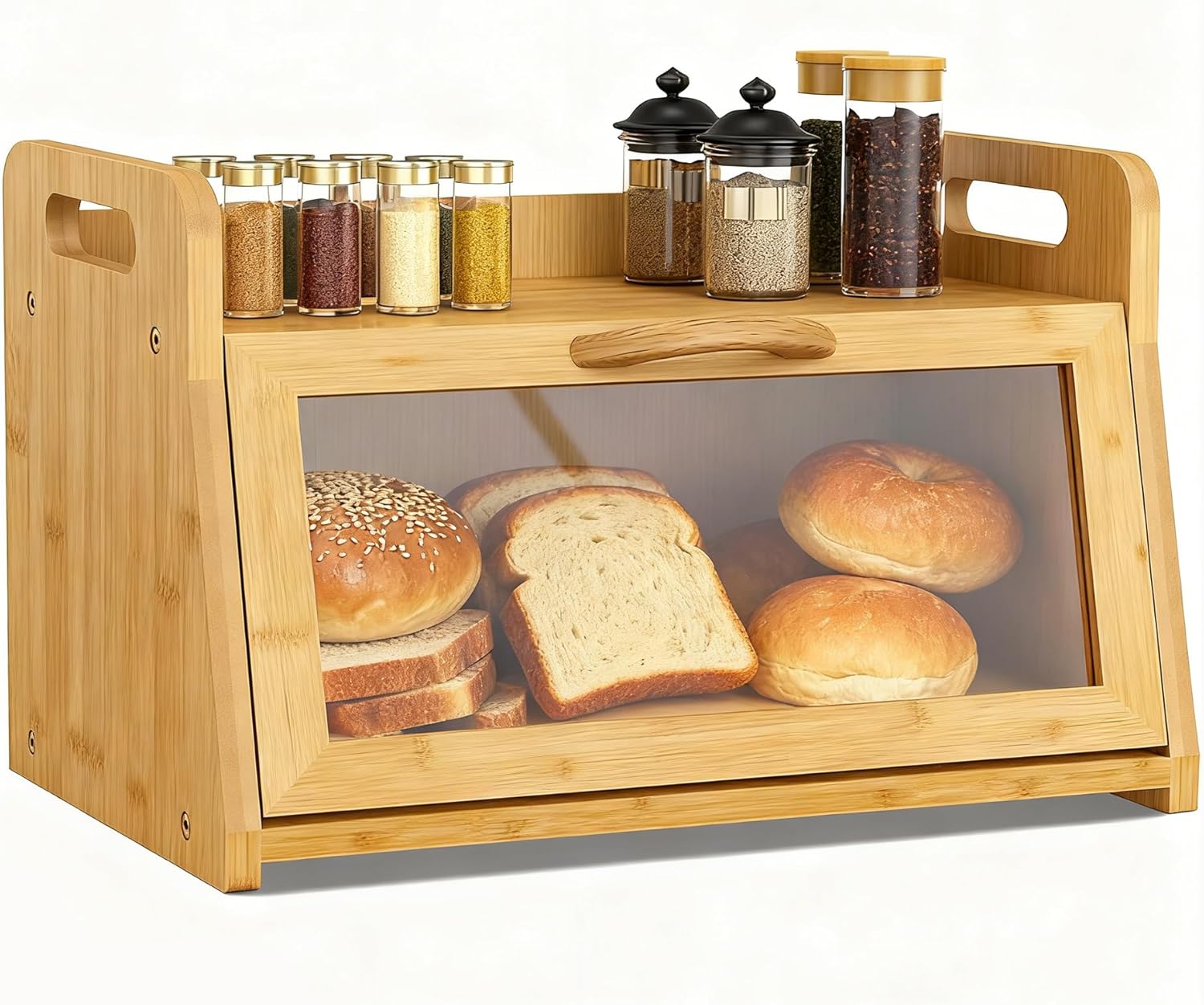 BAMBANG Extra Large Bread Box, Double Layer Bread Box for Homemade Bread, Bamboo Wooden Bread Storage Container with Tool Holder & Handles & Window, Assembly Required(14.9" x 11" x 15.3") Natural