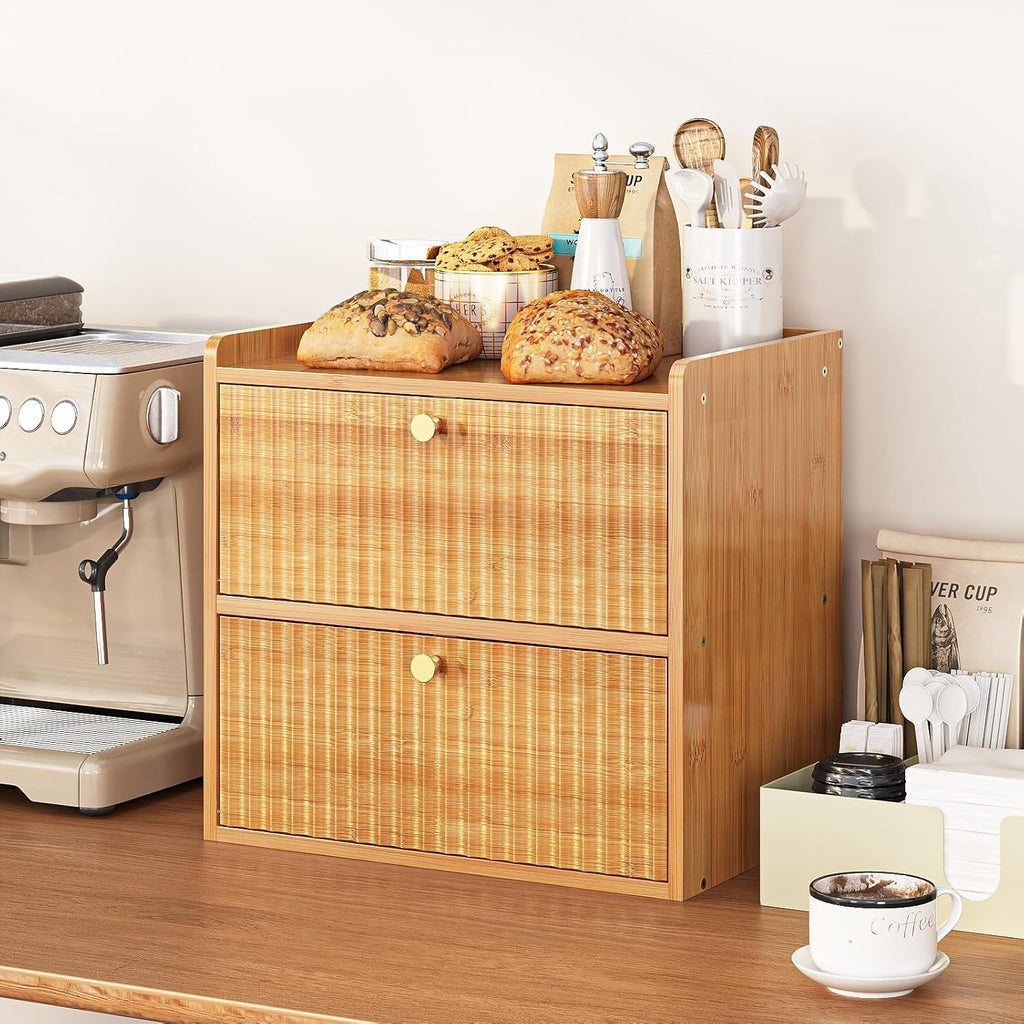 Trironsun Rustic Bread Box for Kitchen Countertop Bamboo Bread Storage Container Bin Double Layer BreadBox Farmhouse Large Capacity Food Organizer (Natural Bamboo)