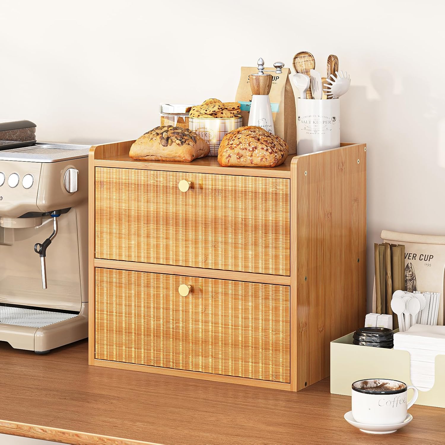 Trironsun Rustic Bread Box for Kitchen Countertop Bamboo Bread Storage Container Bin Double Layer BreadBox Farmhouse Large Capacity Food Organizer (Natural Bamboo)