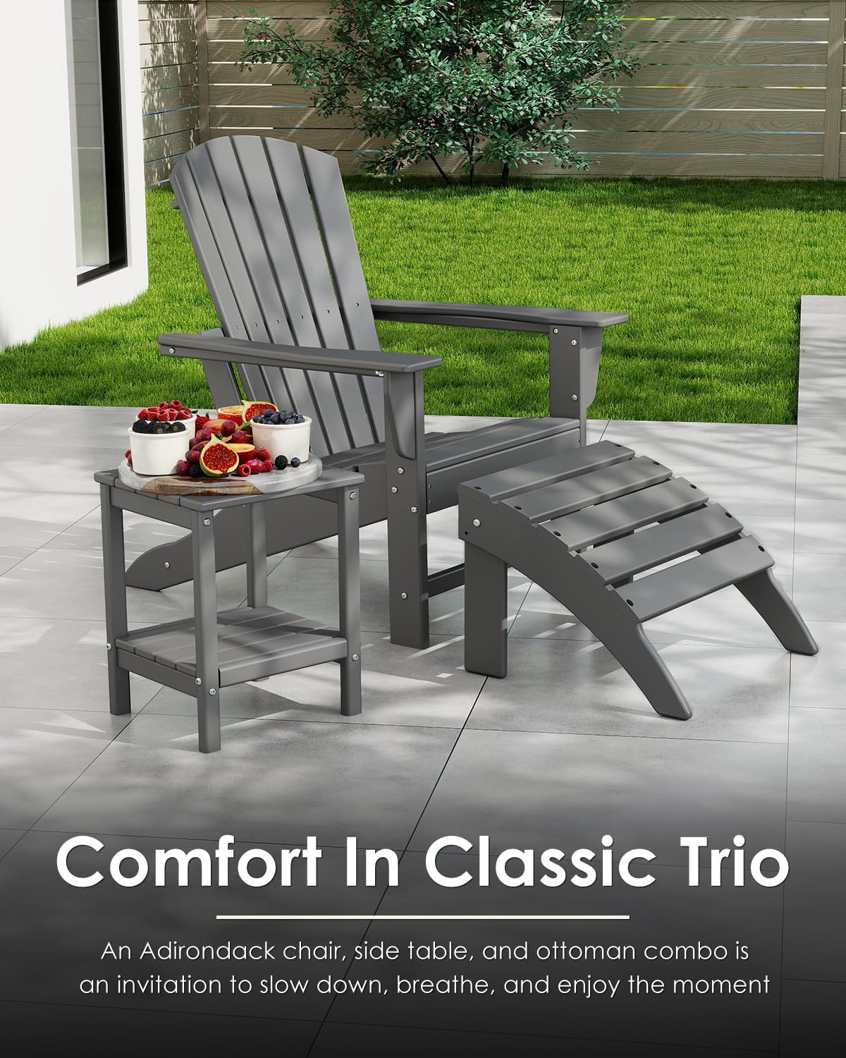 GREENVINES Adirondack Chairs Set of 4 | HDPE Plastic | Oversized Fire Pit Chair | All Weather | Grey | Poly Lumber | for Outdoor Deck Backyard Patio Garden