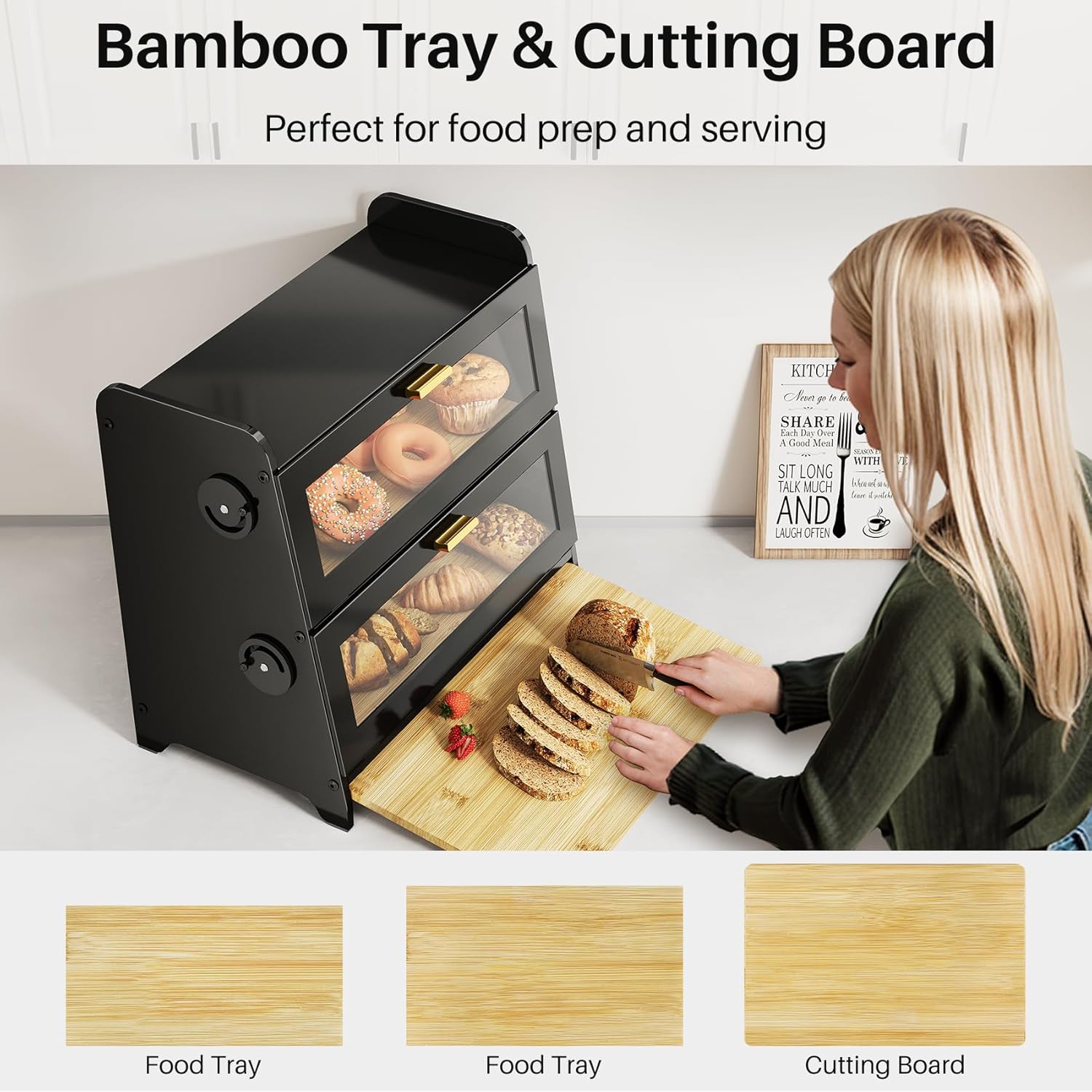 SNTD Bread Box - Kitchen Countertop Bread Storage Container with Bamboo Cutting Board, Adjustable Vent Hole Dials, Black