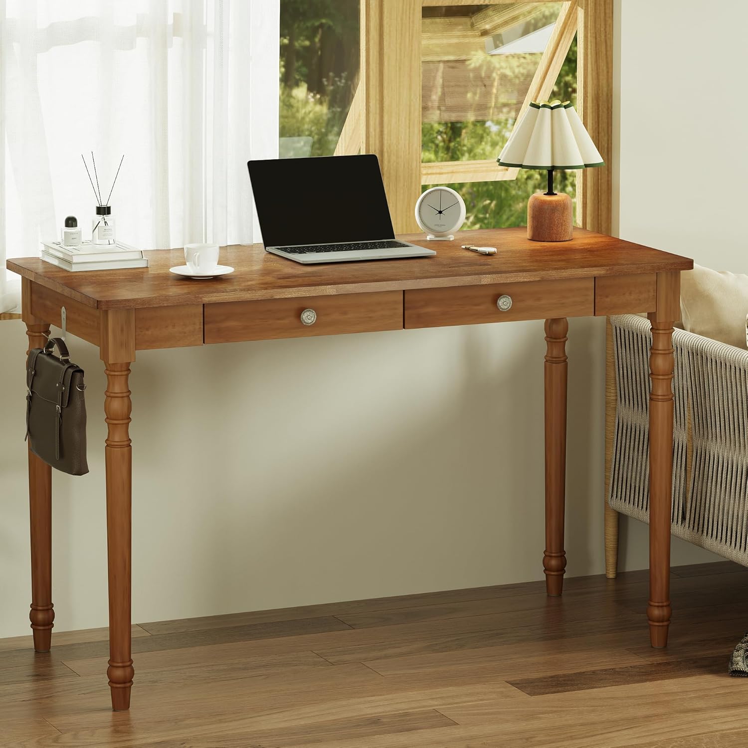 Vintage Solid Wood Writing Desk - 47.2" Mid Century Modern Desk with 2 Drawers, Wooden Computer Desks for Home Office, Large Secretary Desks, Traditional Vanity Dressing Table for Bedroom, Walnut